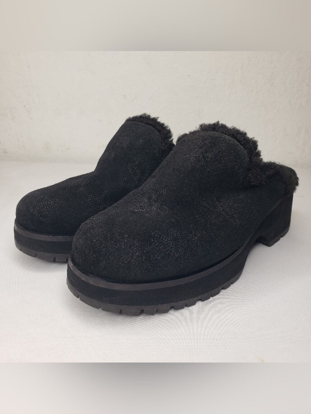 UGG Black Suede Shearling Clog Mules